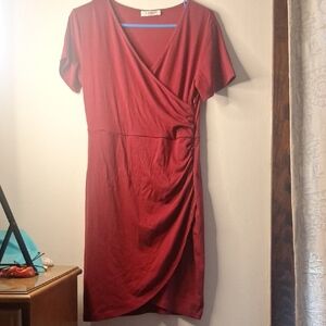 Red Ruched Wrap Midi Dress